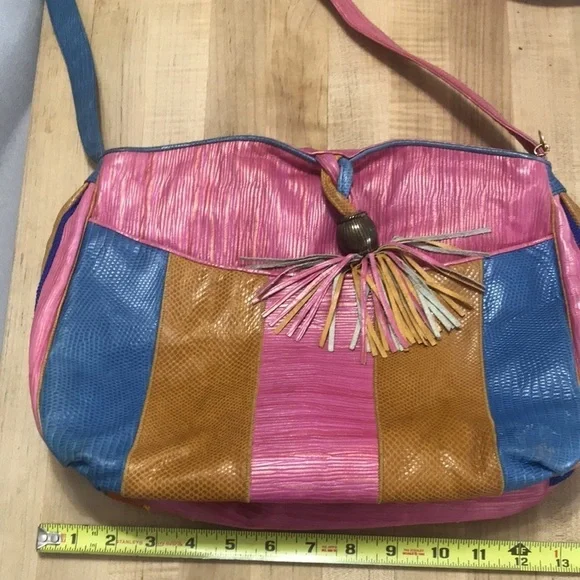 Vintage Sherif Leather Fabric Color Block Fringe Shoulder Bag Embossed